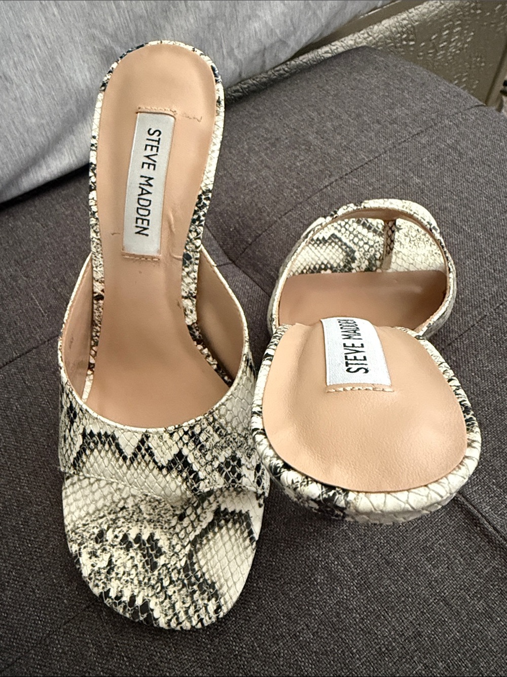 Steve Madden Neutral Snake-Print Slide thong heels